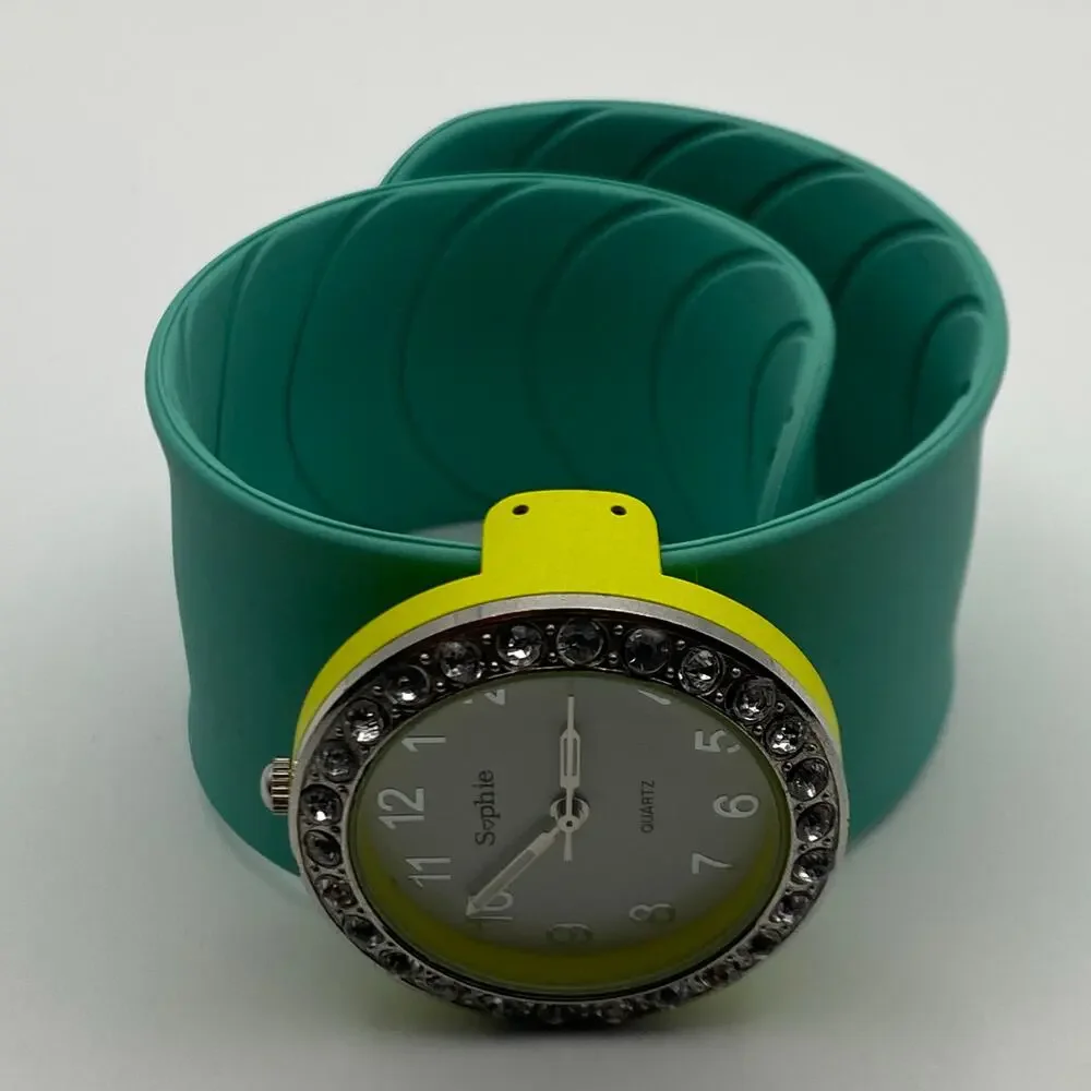 Chic Sophie Teal Band Slap-On Watch with Silver Crystal Bezel